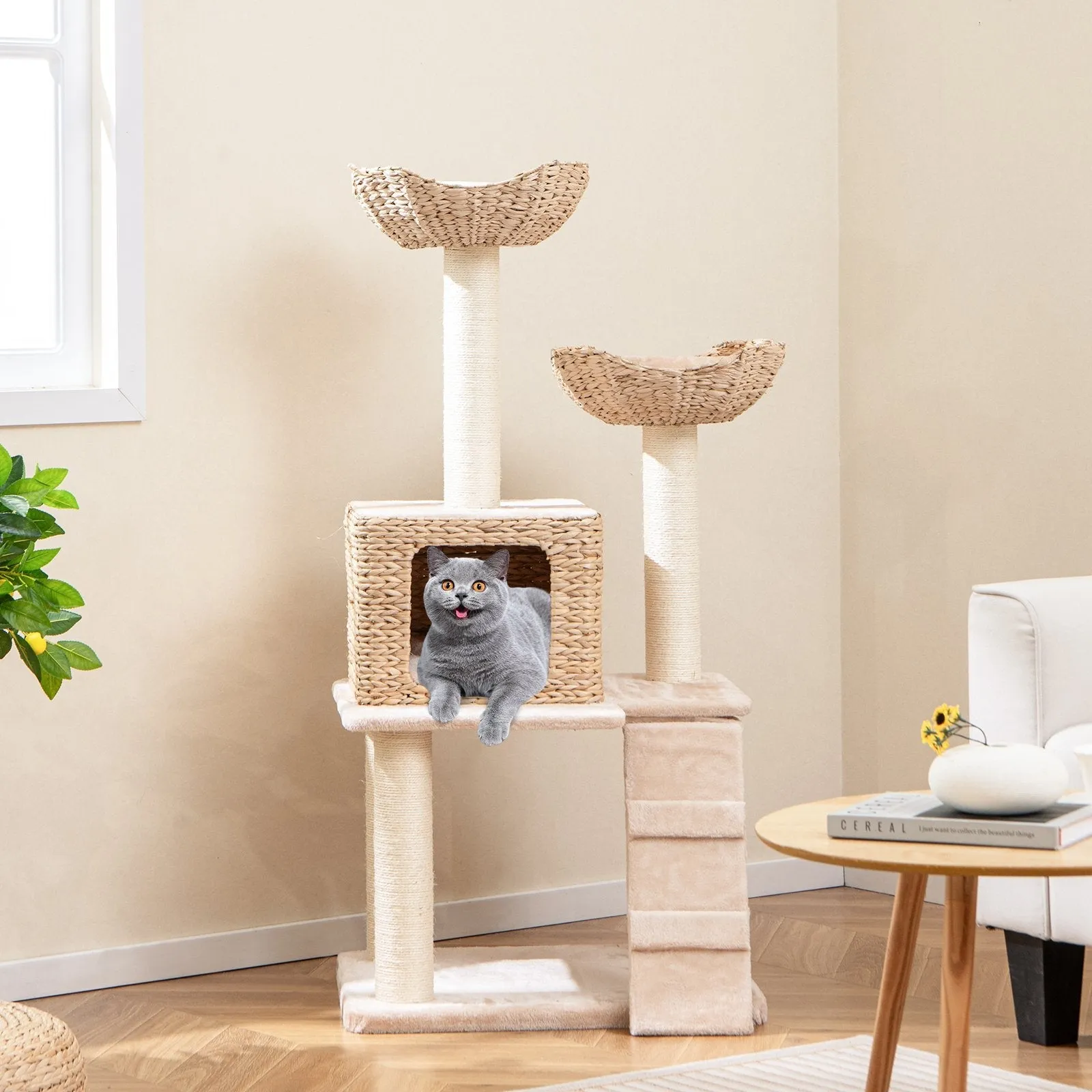 122 cm Cattail Cat Tree with Sisal Scratching Posts Perch Condo and Basket Bed-Beige