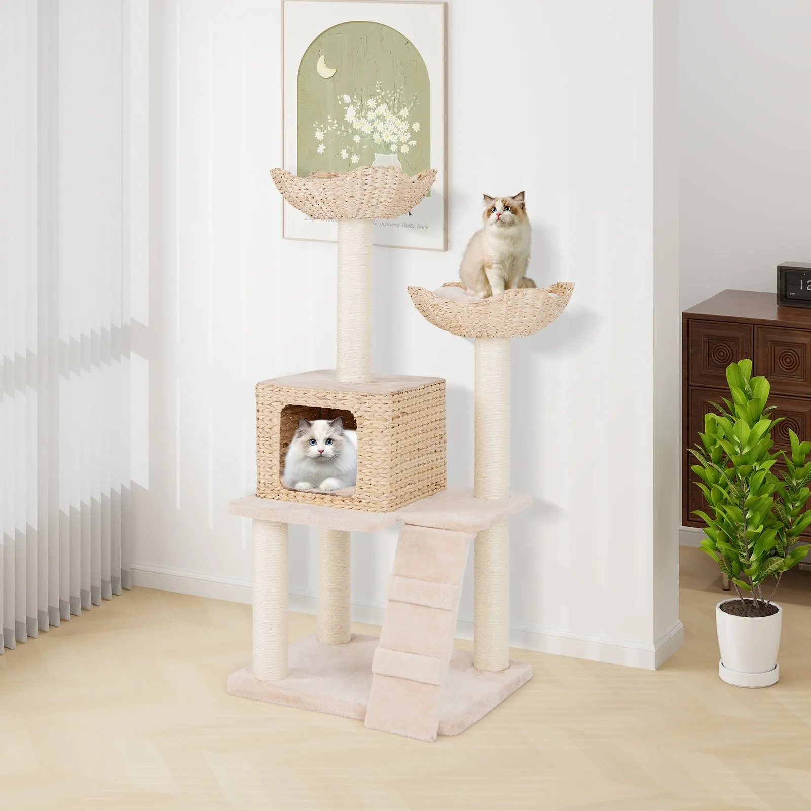 122 cm Cattail Cat Tree with Sisal Scratching Posts Perch Condo and Basket Bed-Beige