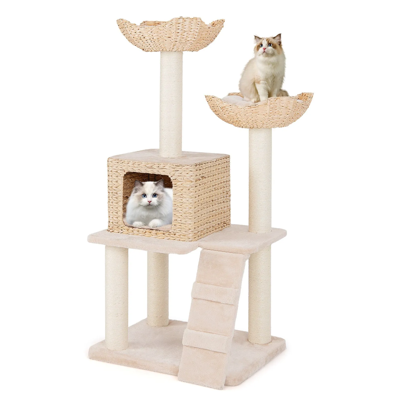 122 cm Cattail Cat Tree with Sisal Scratching Posts Perch Condo and Basket Bed-Beige