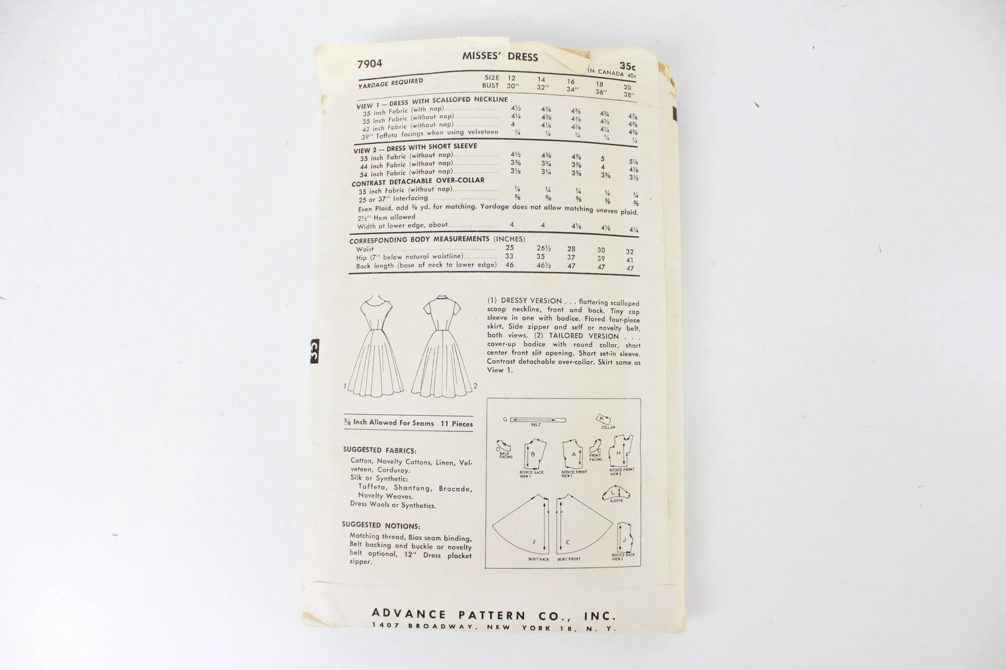 1950s Dress Sewing Pattern Advance 7904, Walkaway Rockabilly Dress Bust 30