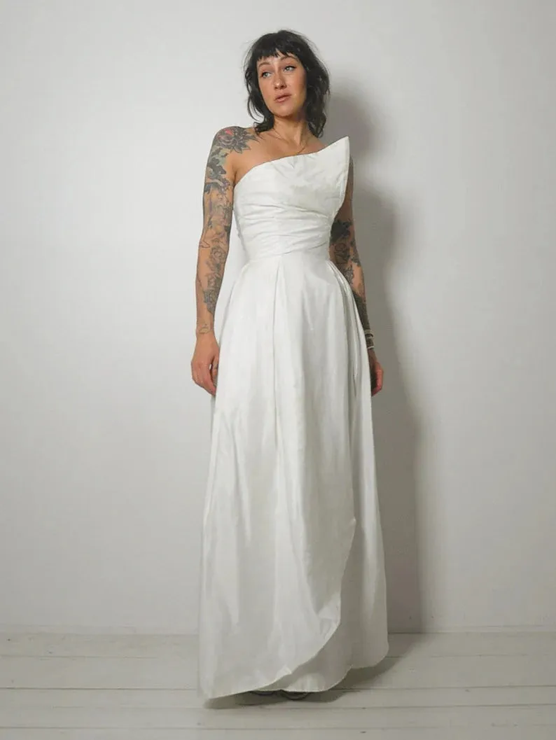 1950's White Asymmetric Bust Gown