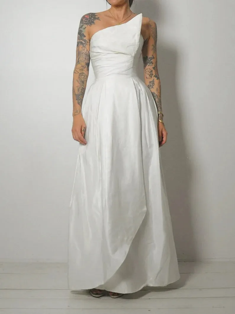 1950's White Asymmetric Bust Gown