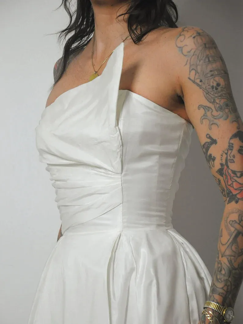 1950's White Asymmetric Bust Gown