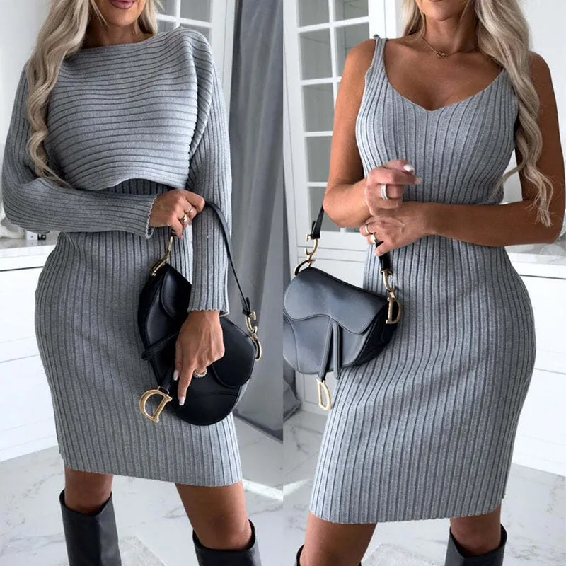 2pcs Stripe Long-sleeved Top And Tight Suspender Skirt Fashion Autumn Winter Slim Clothing