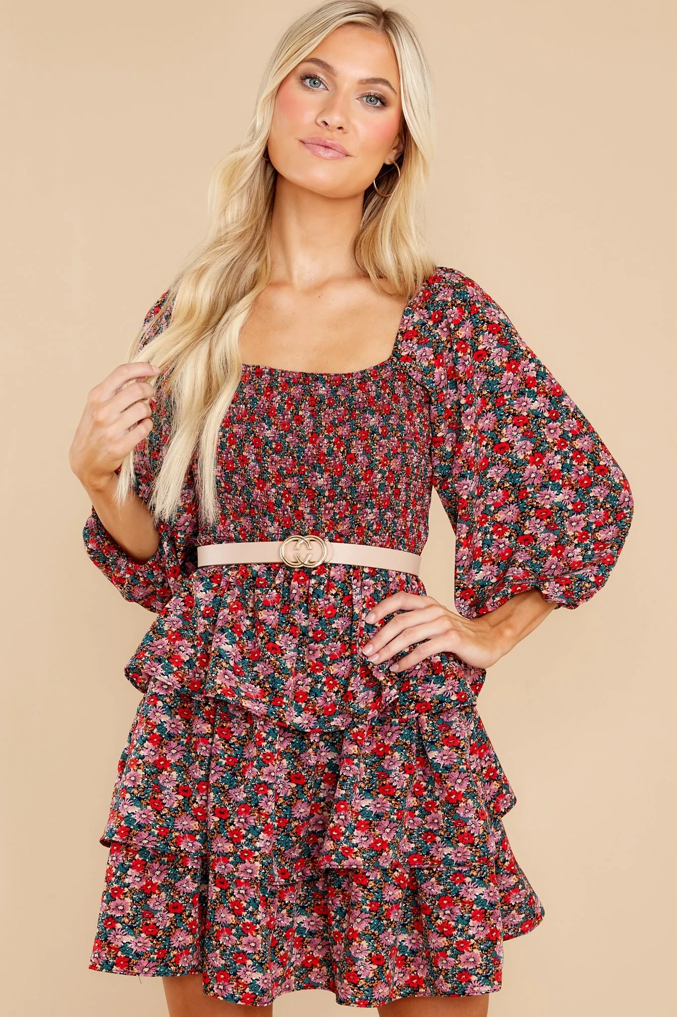 A Flirty Rendezvous Red And Purple Floral Print Dress