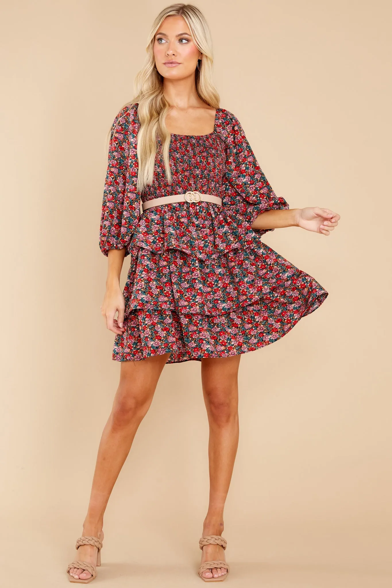 A Flirty Rendezvous Red And Purple Floral Print Dress