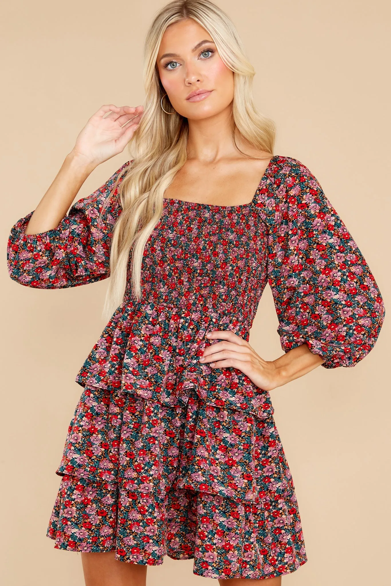 A Flirty Rendezvous Red And Purple Floral Print Dress