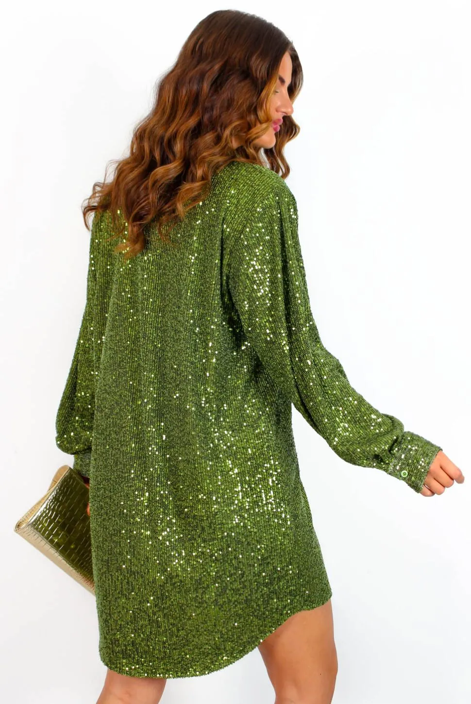 A Total Sensation - Green Sequin Mini Shirt Dress