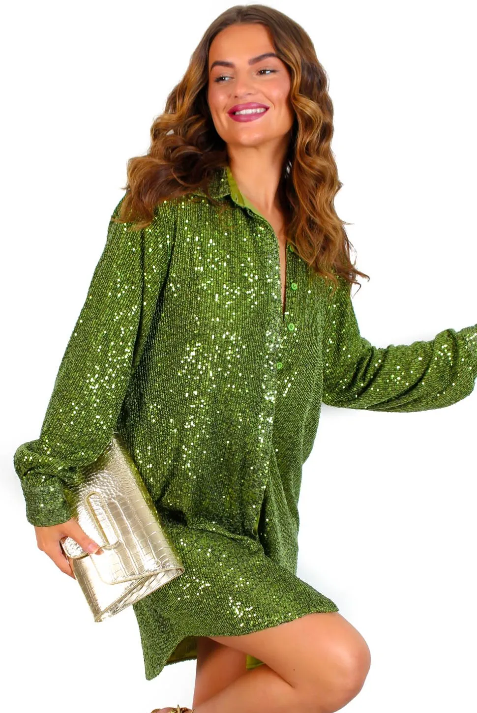 A Total Sensation - Green Sequin Mini Shirt Dress