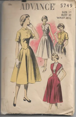 Advance 5749 Suspender Skirt Overblouse Vintage Sewing Pattern 1950s Unprinted