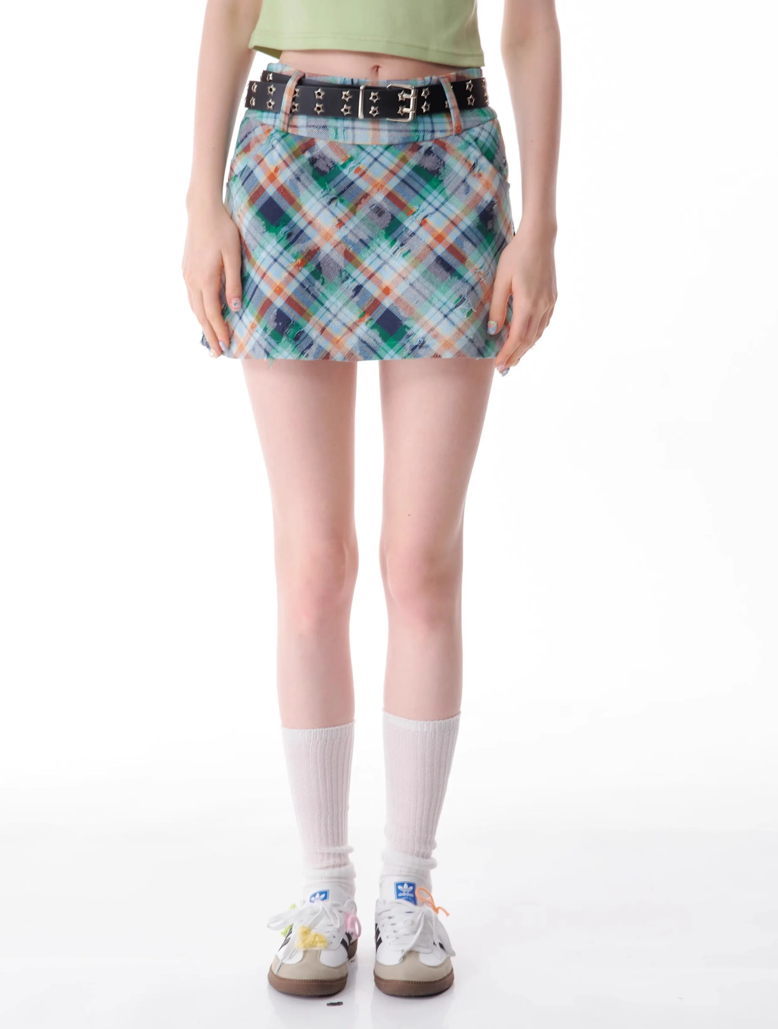 American Retro Tattered Green Plaid A-line High Waist Short Skirt ZIZ0126