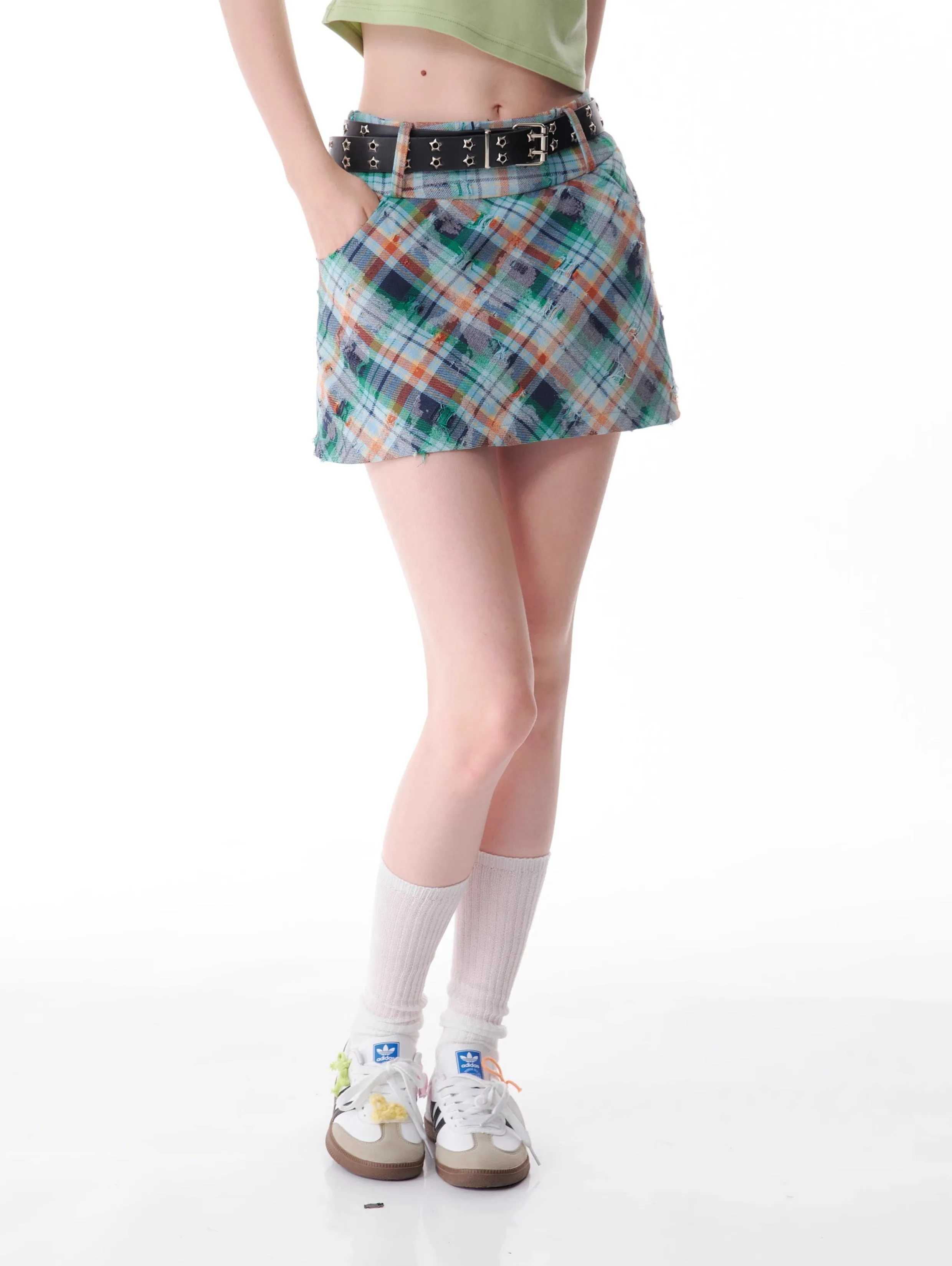 American Retro Tattered Green Plaid A-line High Waist Short Skirt ZIZ0126