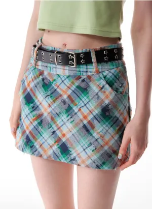 American Retro Tattered Green Plaid A-line High Waist Short Skirt ZIZ0126