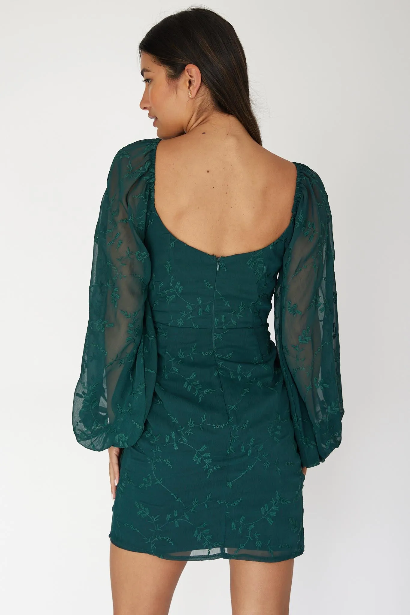 Aphrodite Long Sleeve Embroidered Dress Forest Green