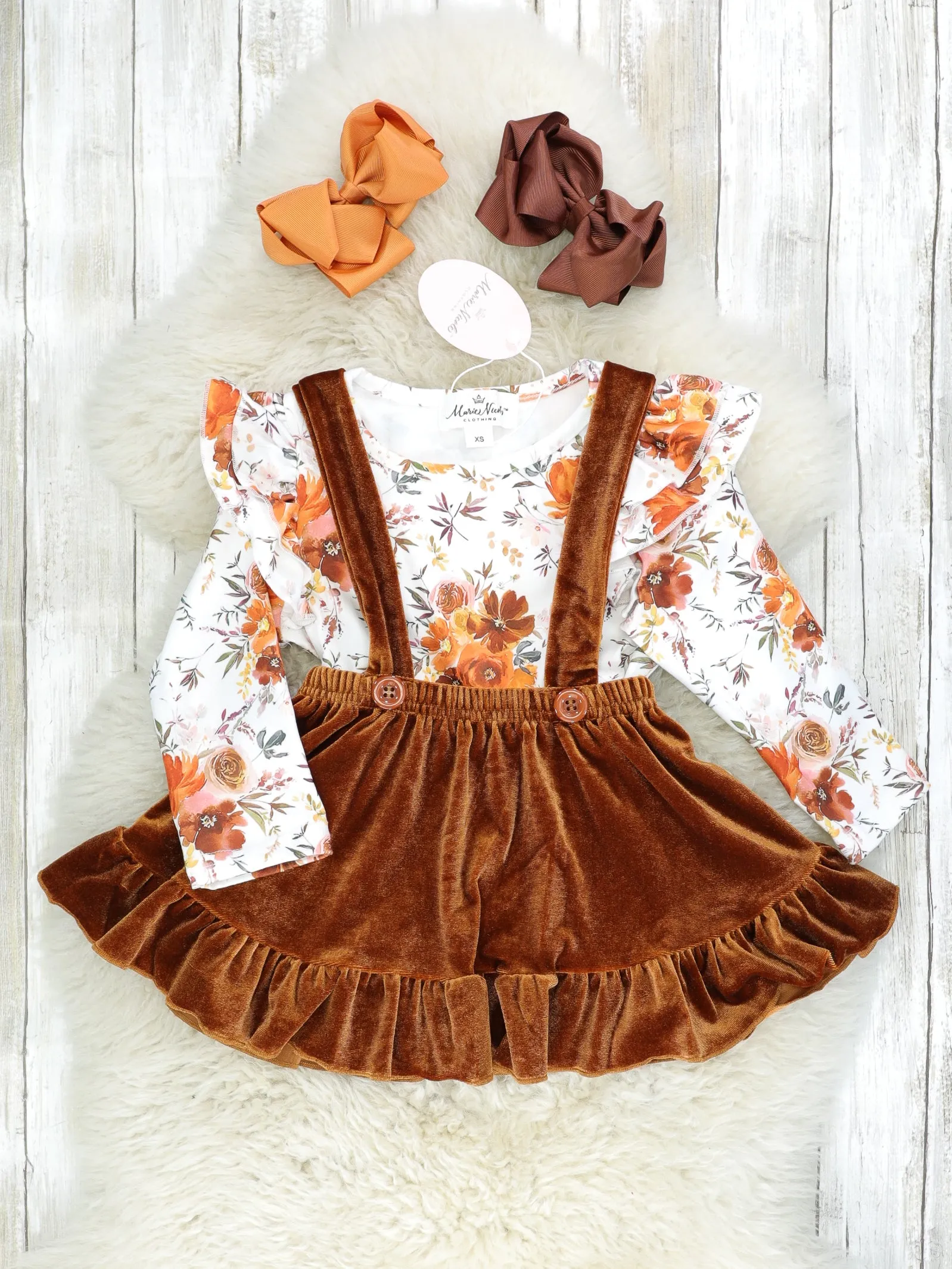 Autumn Floral Ruffle Top & Velvet Suspender Skirt Set