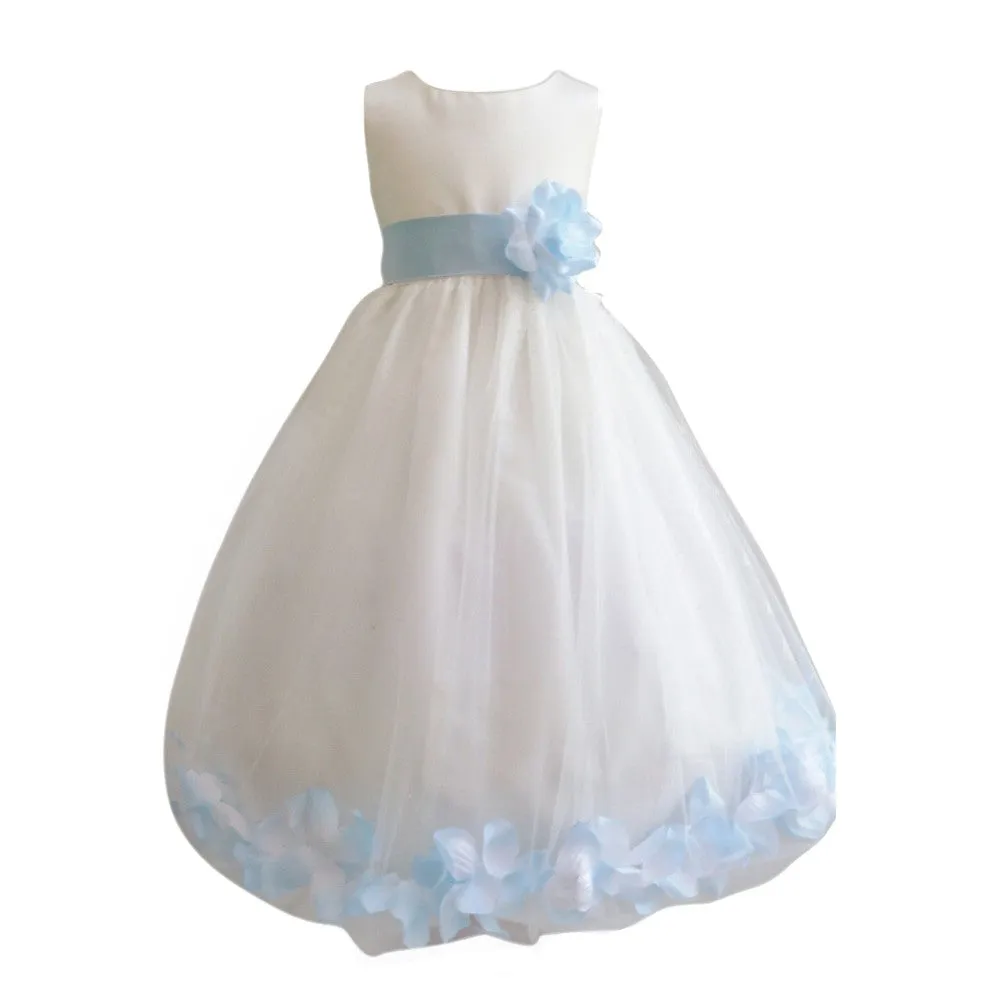 Baby Girls Ivory Baby Blue Petals Satin Tulle 3 Layer Flower Girl Dress 6-24M