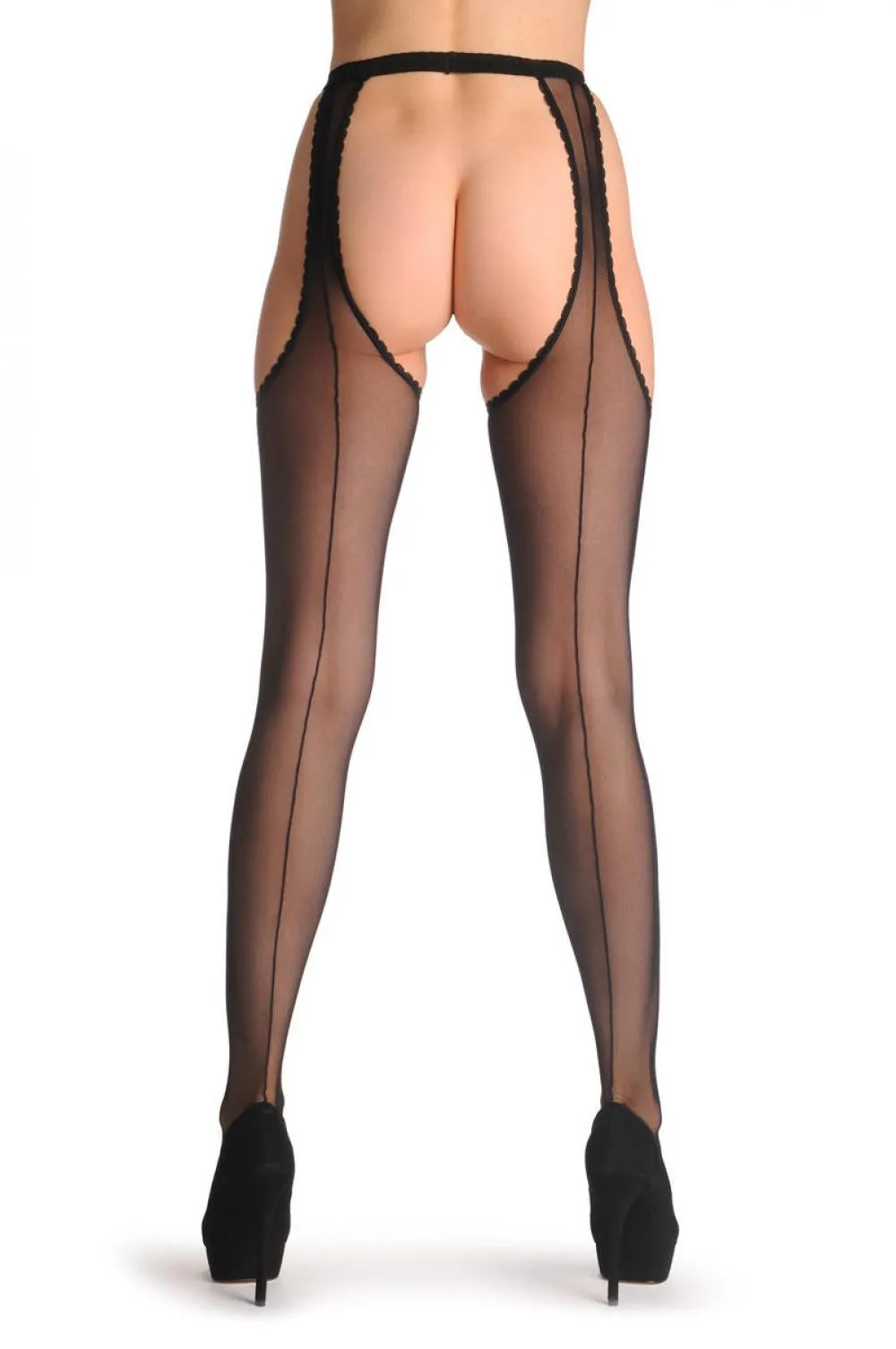 Black Lace Suspender Stockings With Lace Belt & Back Seam