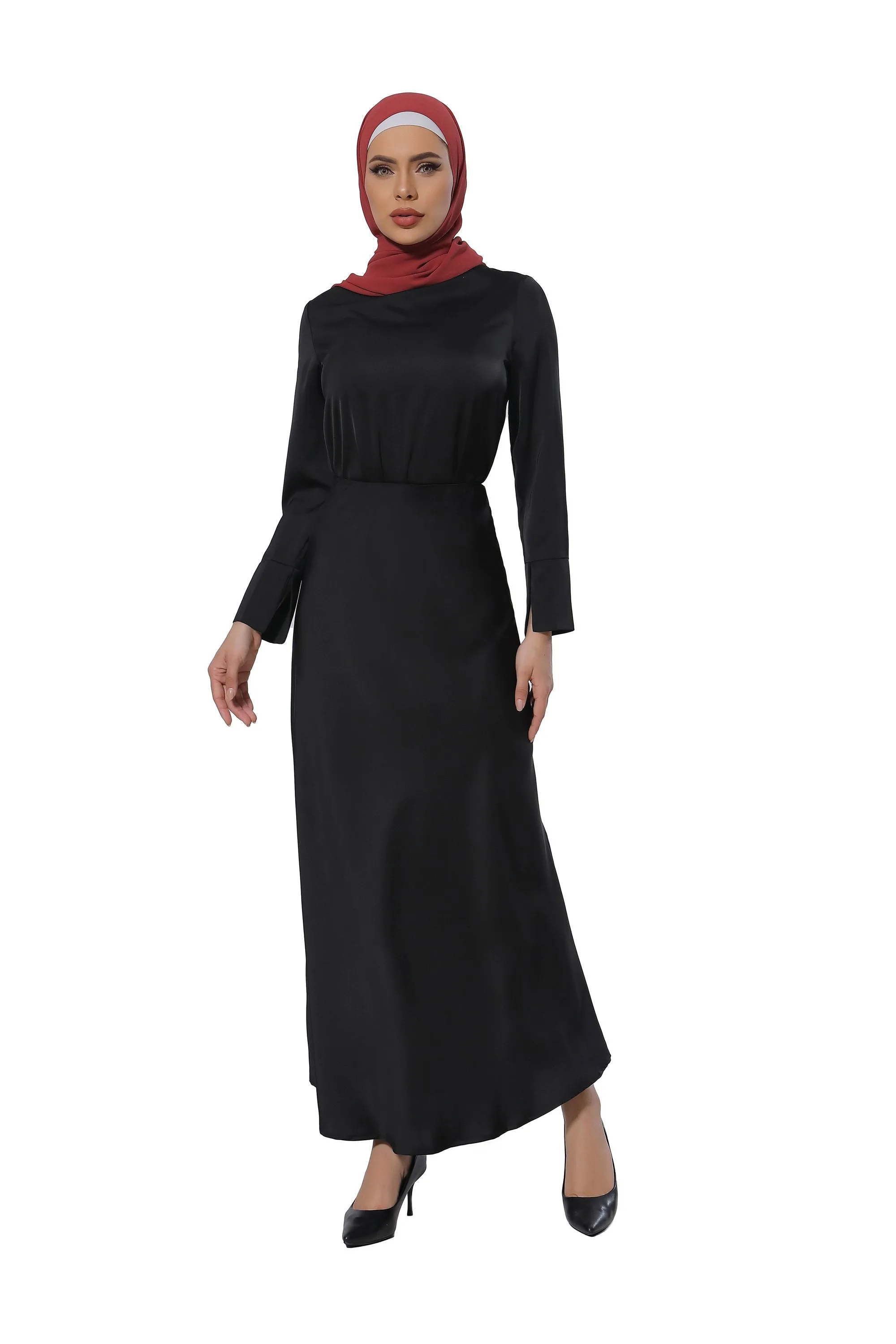 Black Satin Long Sleeve Skirt Set