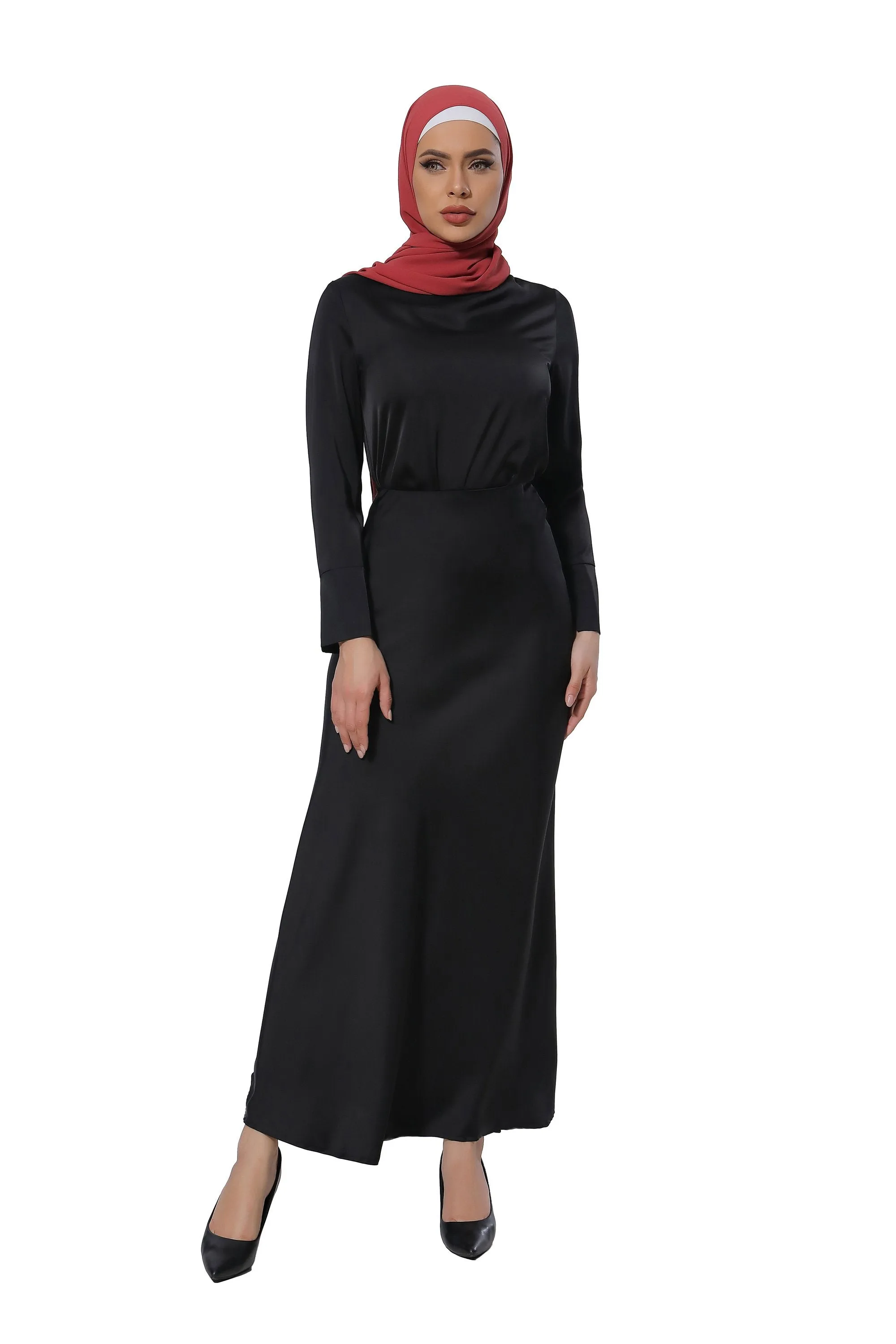 Black Satin Long Sleeve Skirt Set