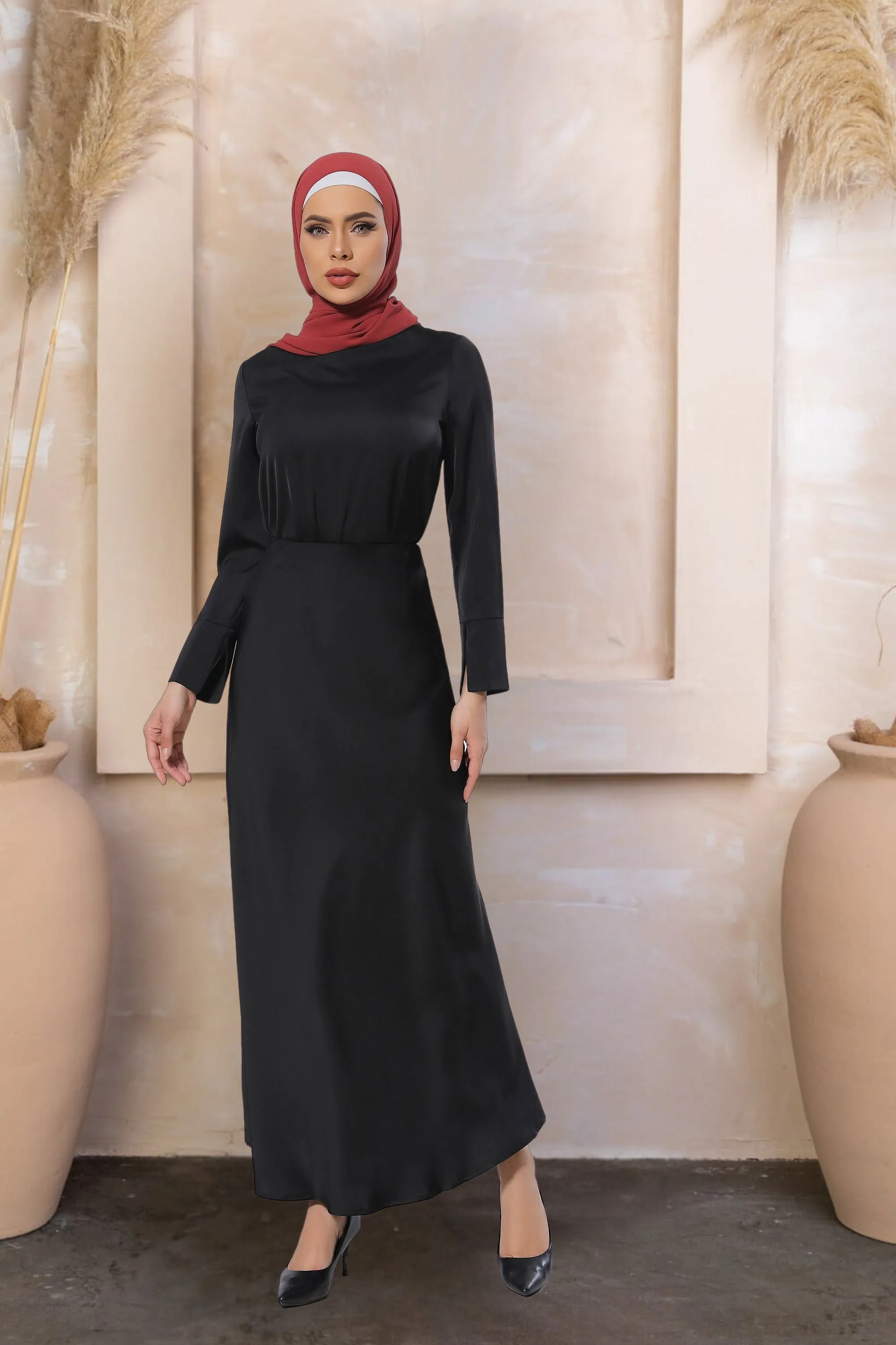 Black Satin Long Sleeve Skirt Set