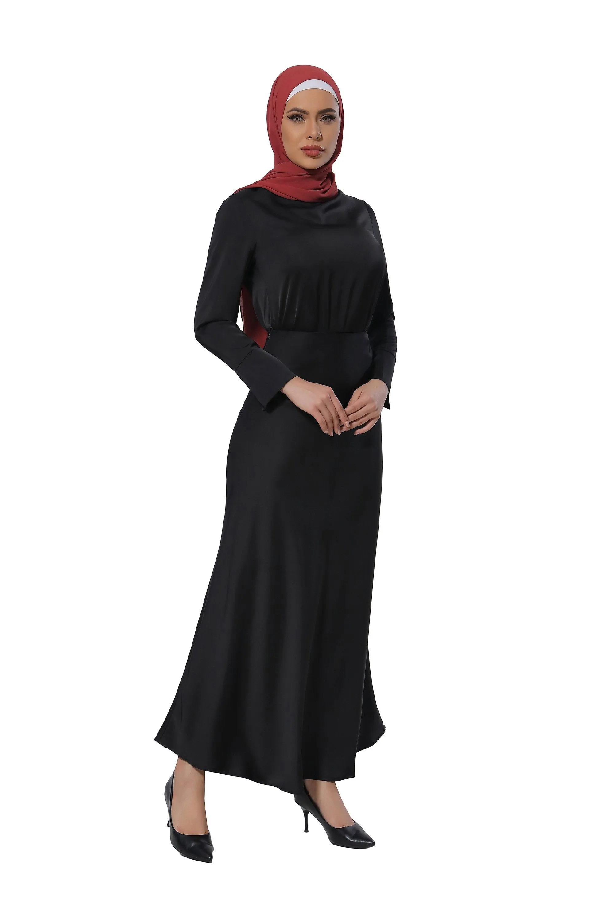 Black Satin Long Sleeve Skirt Set