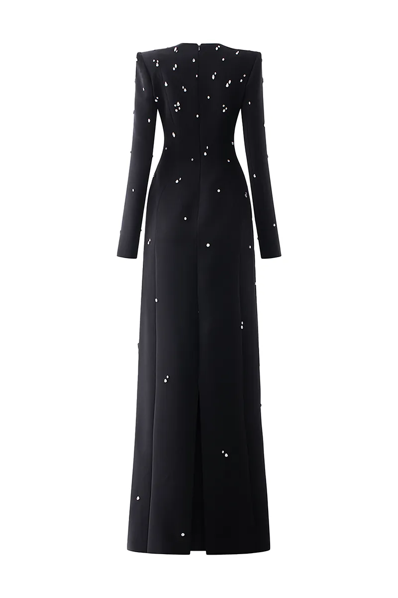 BLACK STONE-EMBELLISHED LONG SLEEVE GOWN