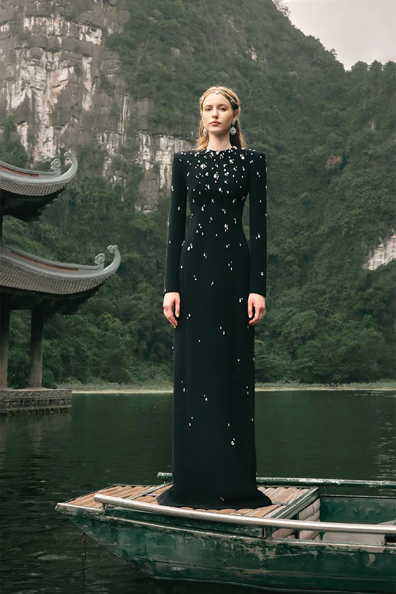 BLACK STONE-EMBELLISHED LONG SLEEVE GOWN