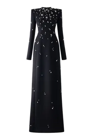 BLACK STONE-EMBELLISHED LONG SLEEVE GOWN