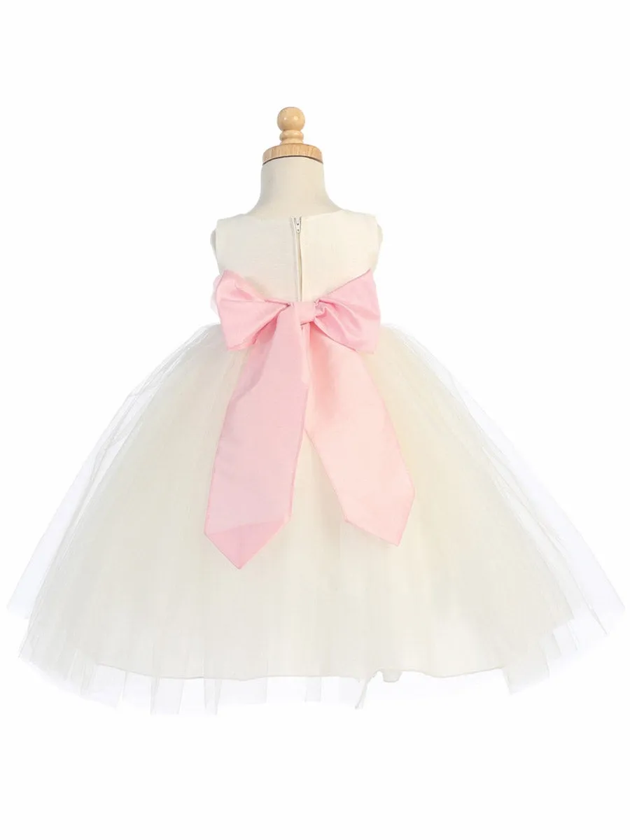 Blossom Ivory Poly Silk Bodice & Tulle Skirt Dress w/ Detachable Flower & Sash