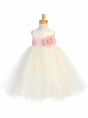 Blossom Ivory Poly Silk Bodice & Tulle Skirt Dress w/ Detachable Flower & Sash