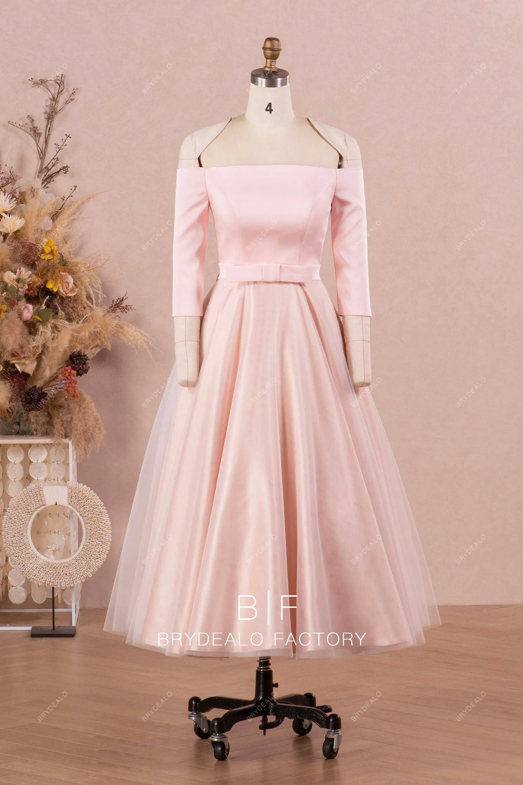 Blush Pink Off Shoulder Satin Bridal Dress with Detachable Tulle Overskirt