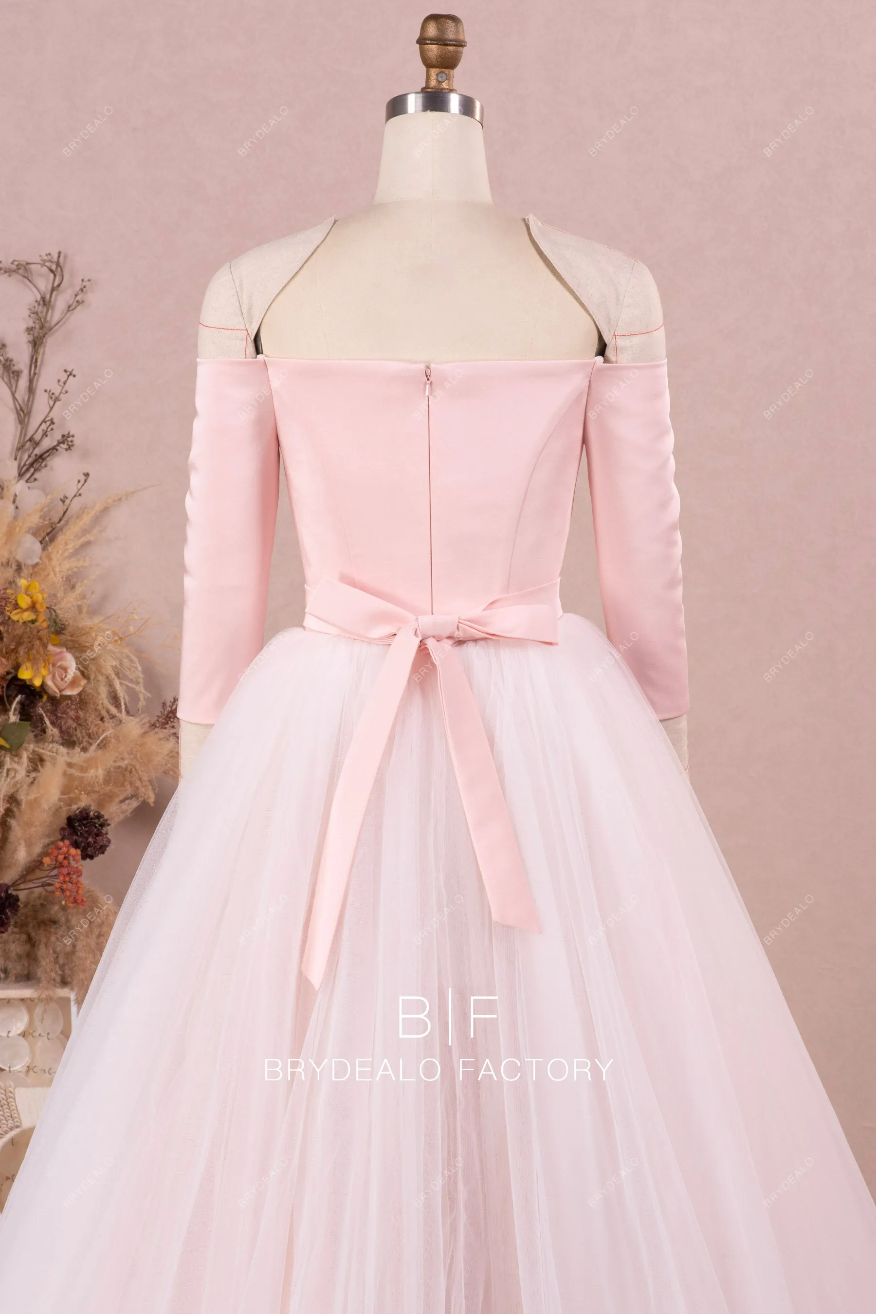 Blush Pink Off Shoulder Satin Bridal Dress with Detachable Tulle Overskirt