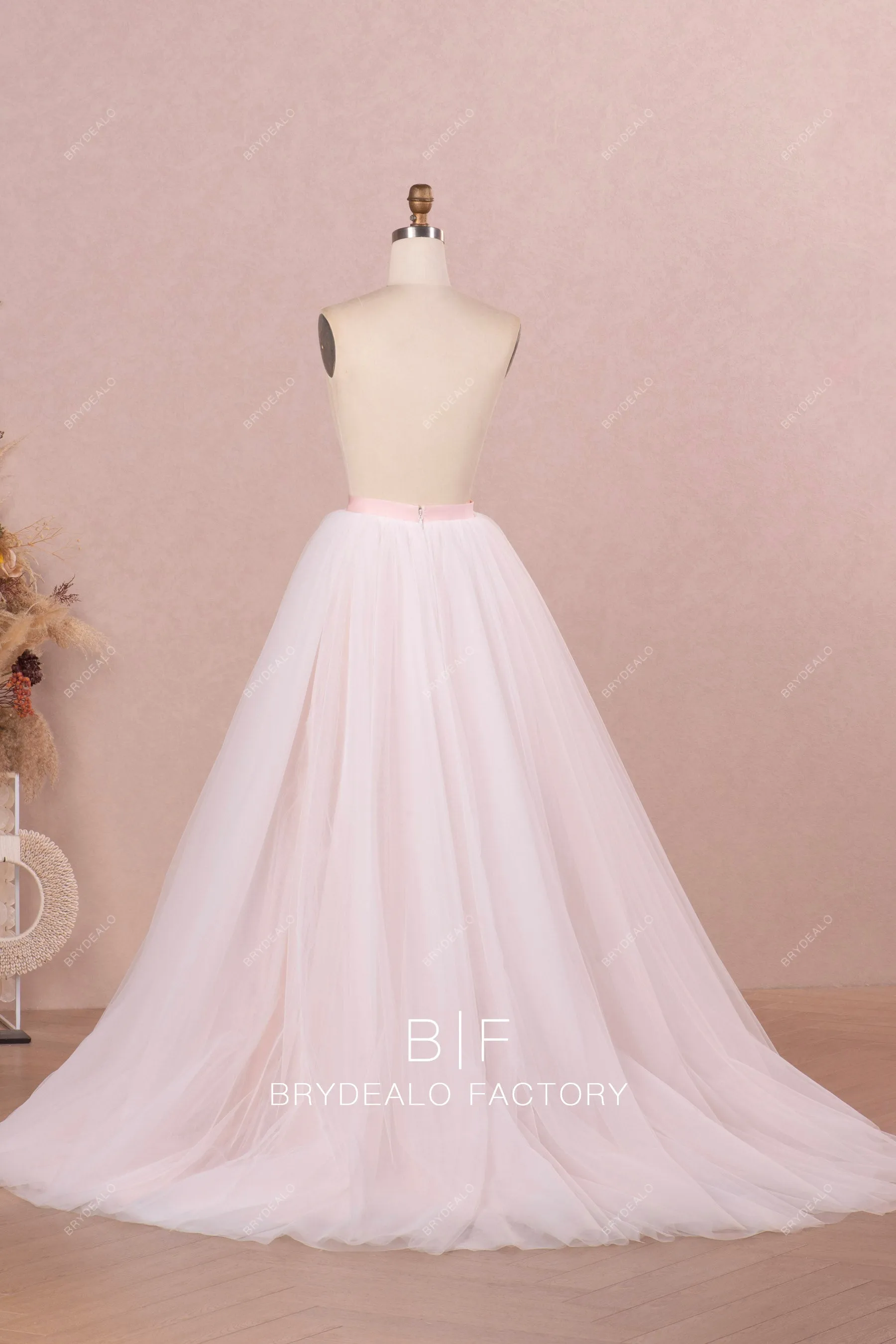 Blush Pink Off Shoulder Satin Bridal Dress with Detachable Tulle Overskirt