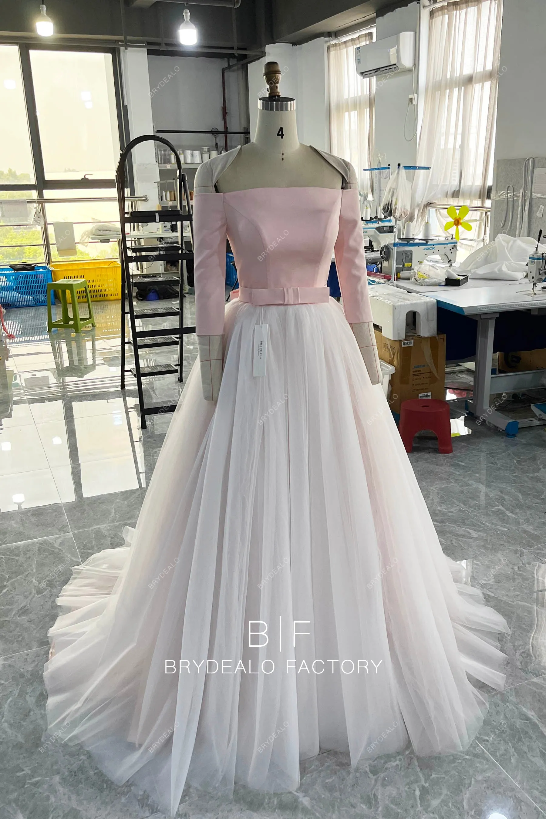 Blush Pink Off Shoulder Satin Bridal Dress with Detachable Tulle Overskirt