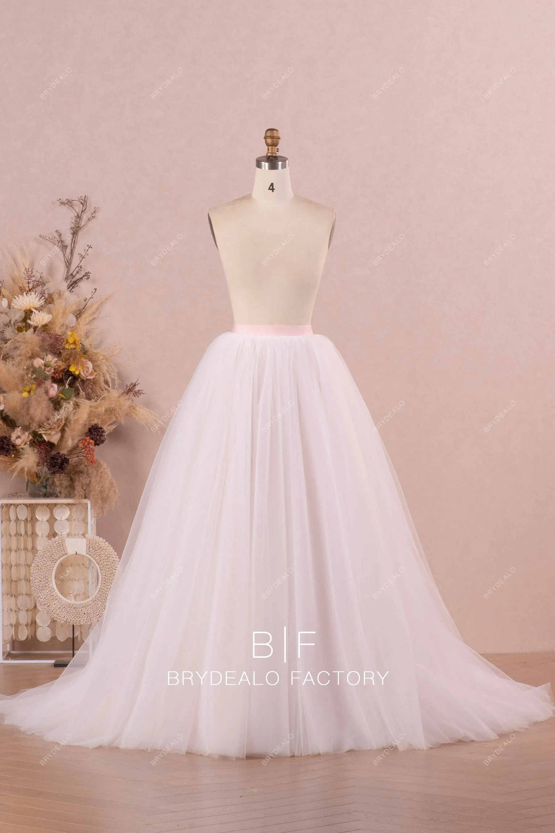 Blush Pink Off Shoulder Satin Bridal Dress with Detachable Tulle Overskirt