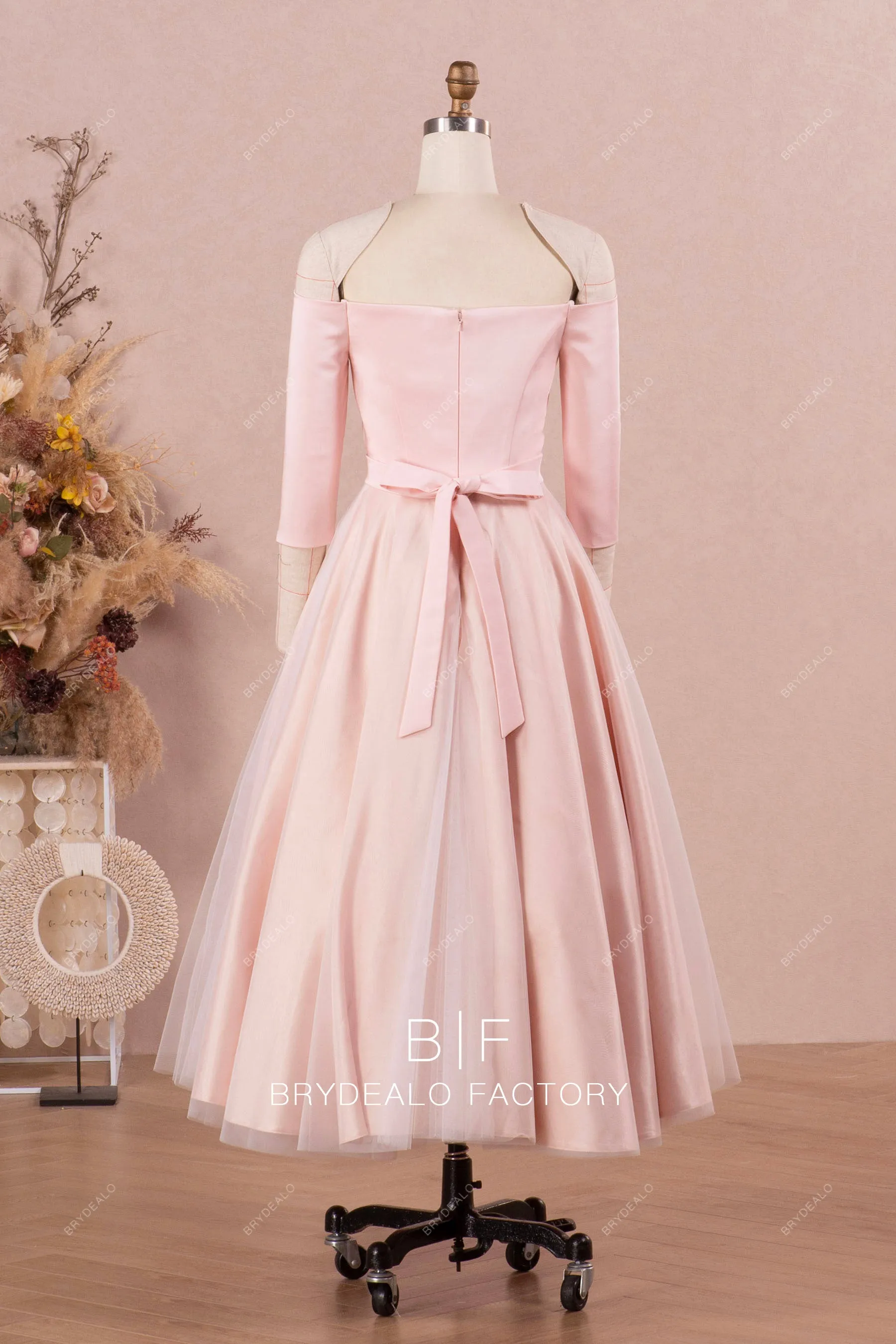 Blush Pink Off Shoulder Satin Bridal Dress with Detachable Tulle Overskirt