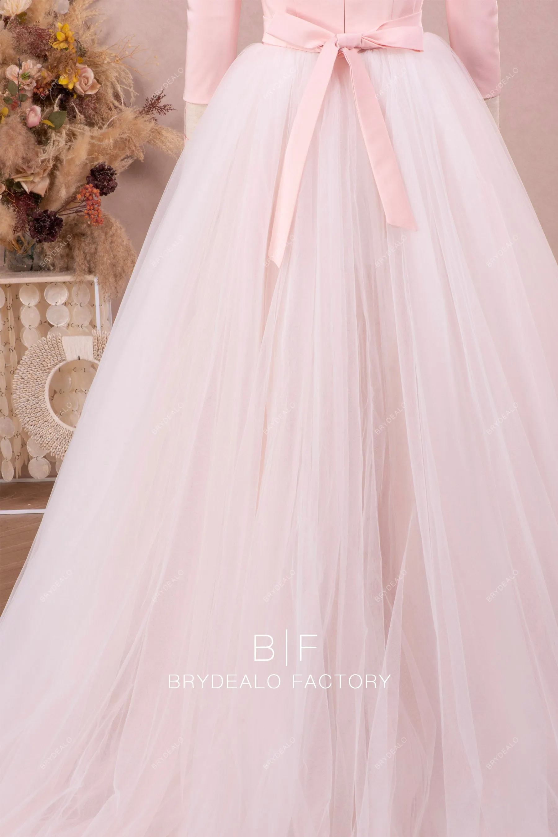 Blush Pink Off Shoulder Satin Bridal Dress with Detachable Tulle Overskirt