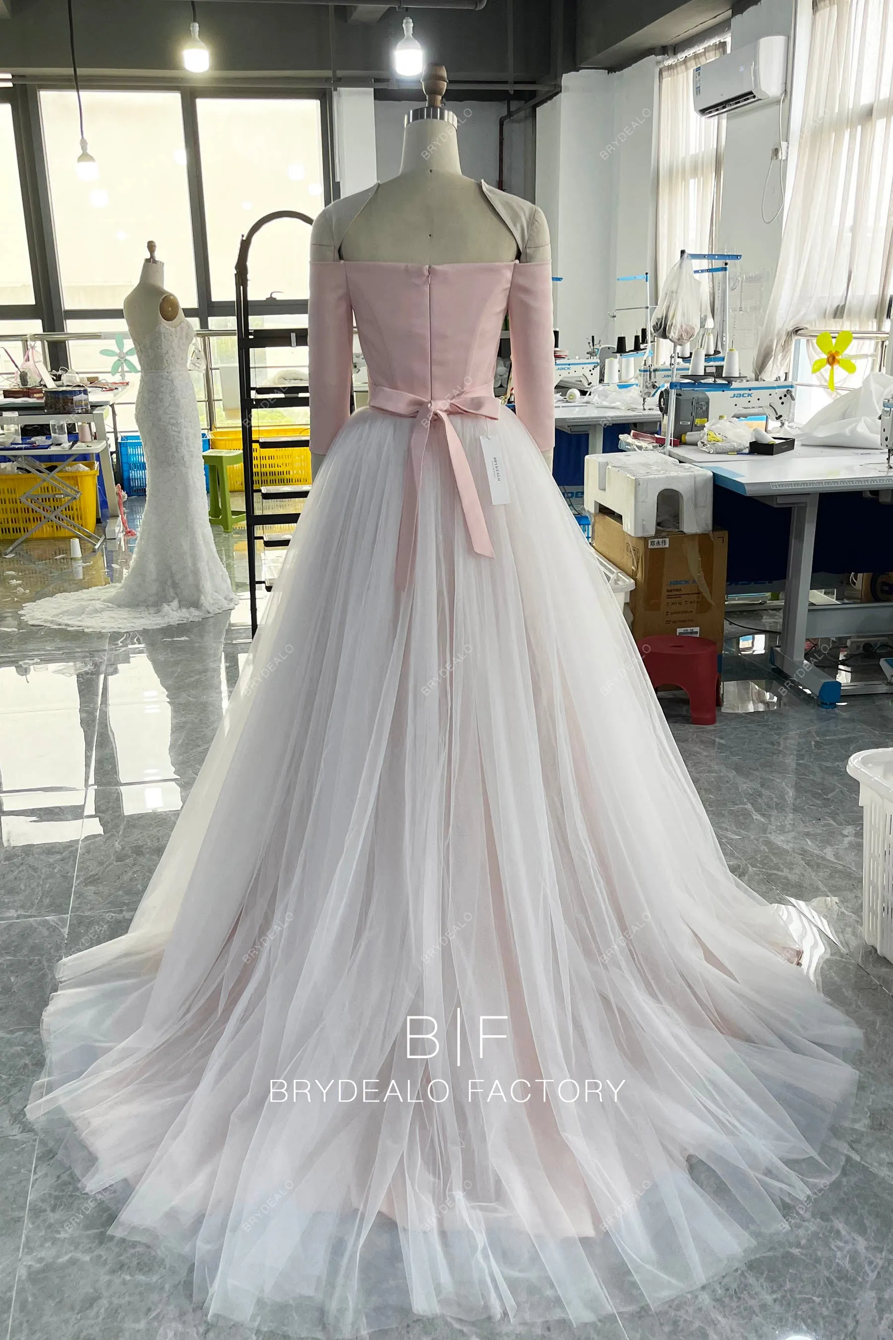 Blush Pink Off Shoulder Satin Bridal Dress with Detachable Tulle Overskirt