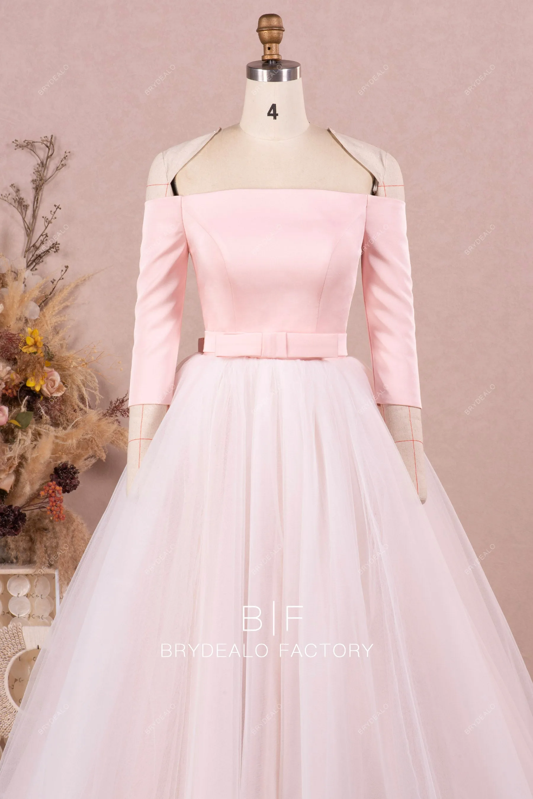 Blush Pink Off Shoulder Satin Bridal Dress with Detachable Tulle Overskirt