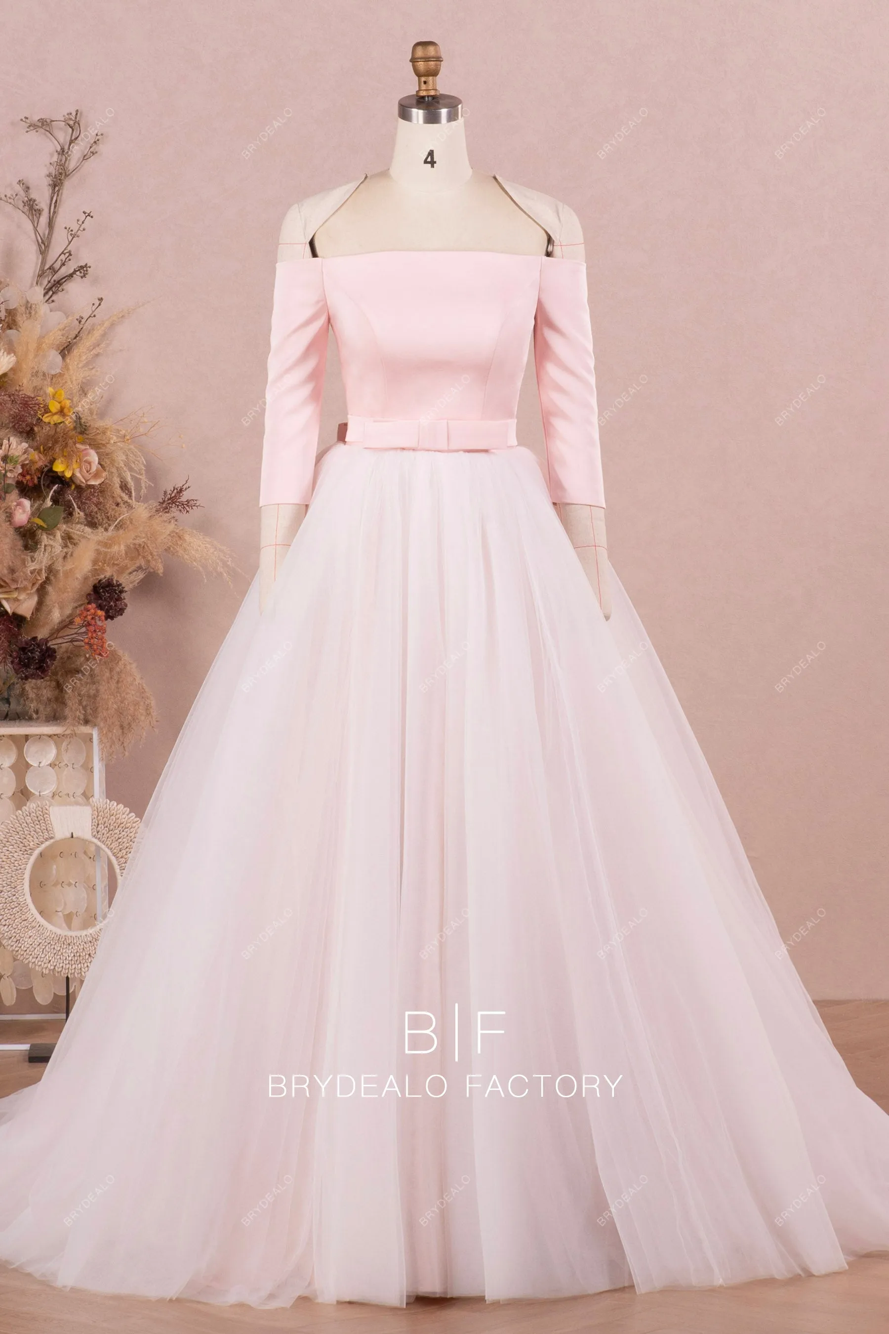 Blush Pink Off Shoulder Satin Bridal Dress with Detachable Tulle Overskirt