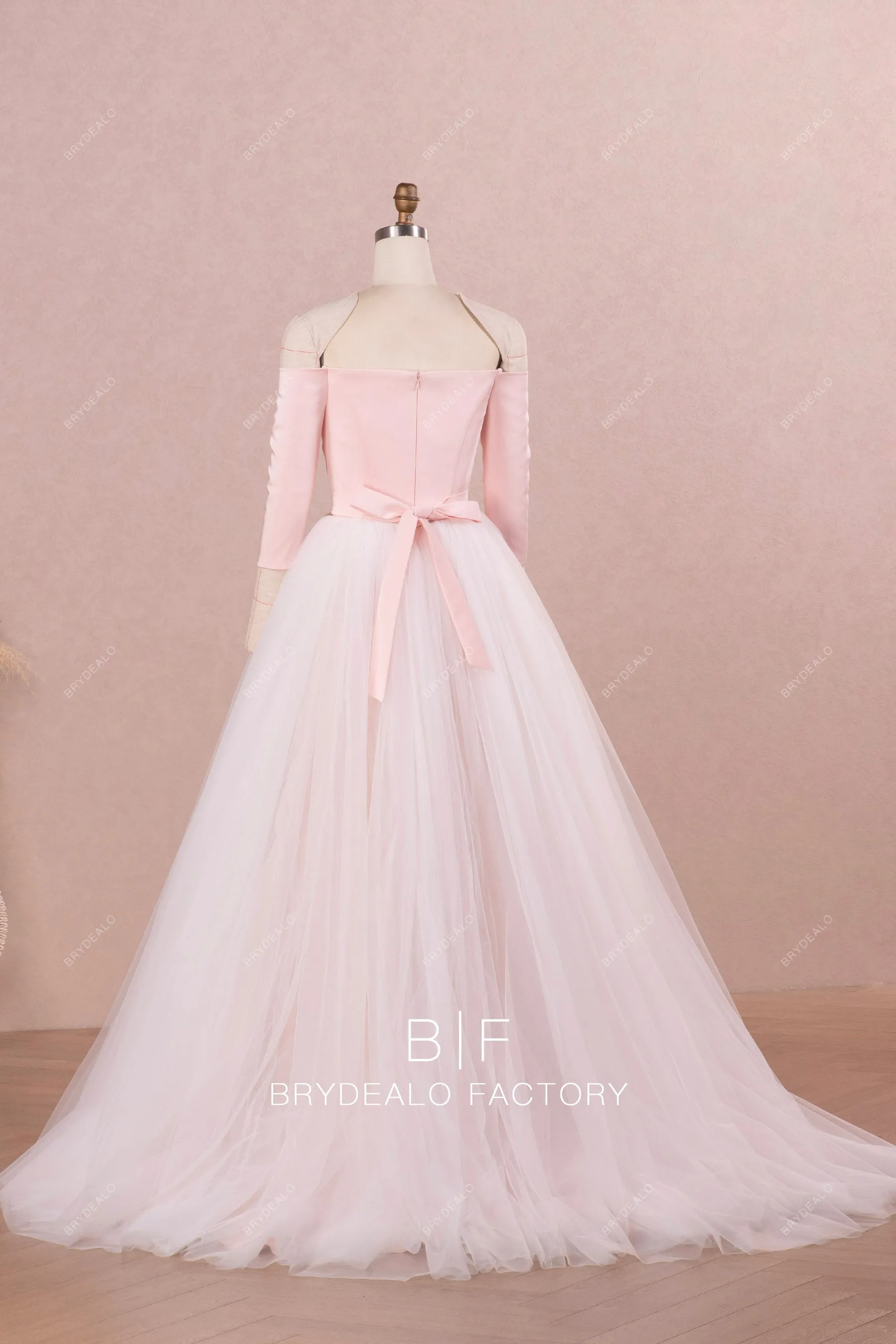 Blush Pink Off Shoulder Satin Bridal Dress with Detachable Tulle Overskirt