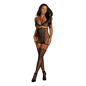 Bra, Garter Skirt, & Stockings - One Size - Black