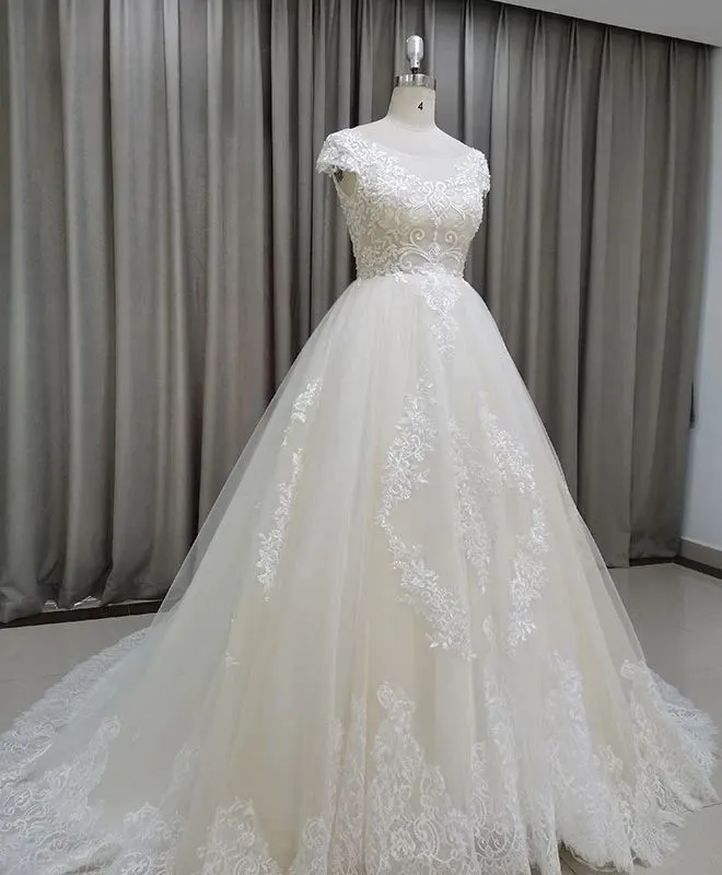 Cap Sleeves Ball Gown Lace Princess Wedding Dress