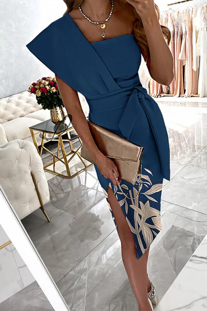 Casual Print Patchwork One Shoulder Pencil Skirt Dresses