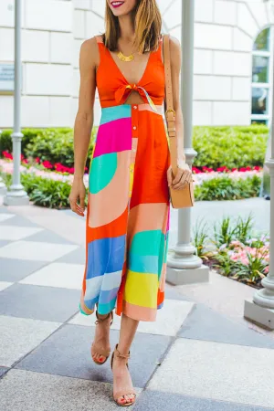 Casual Print Patchwork V Neck Cake Skirt Dresses