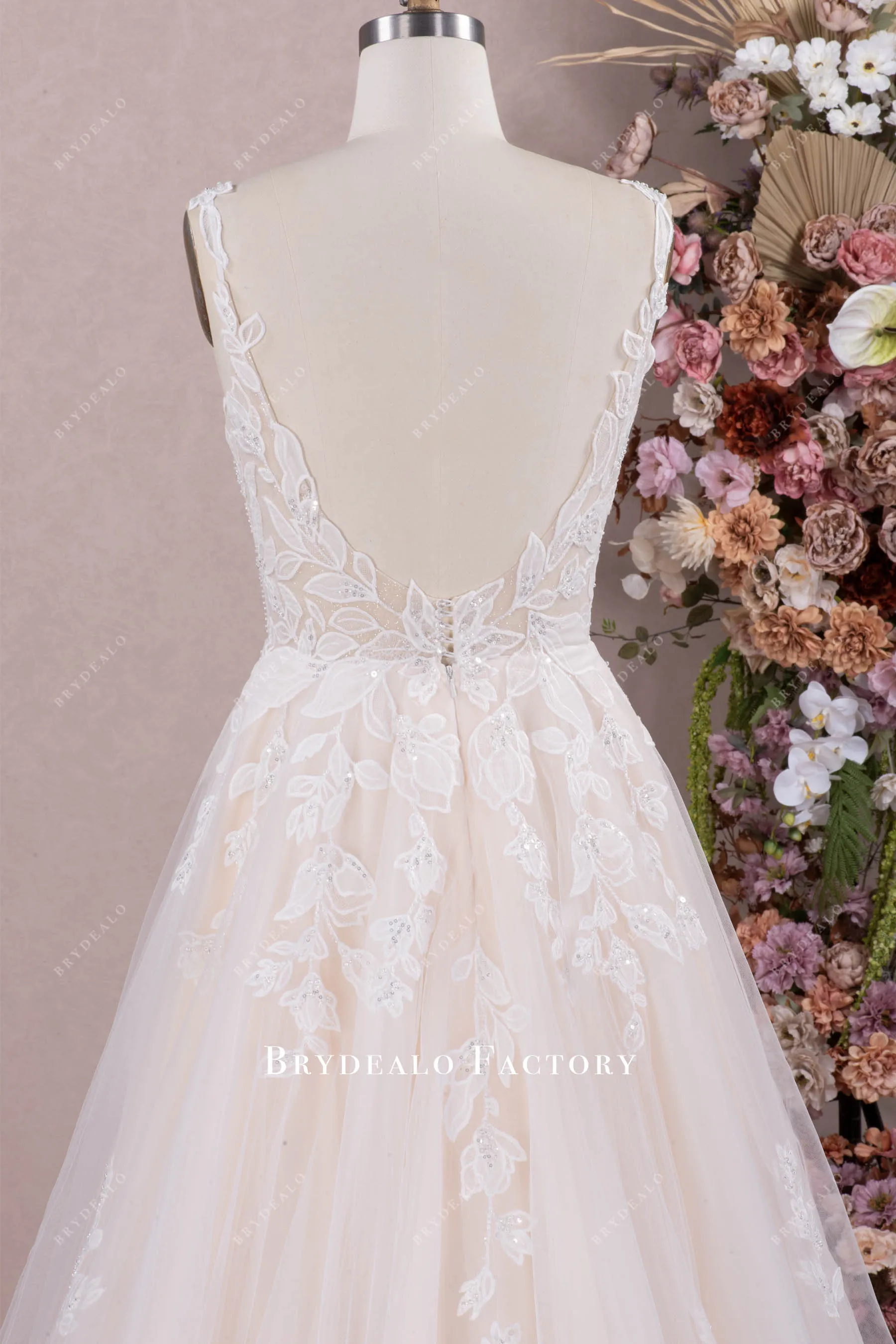 Champagne Lace Straps Shimmery Tulle Aline Wedding Gown