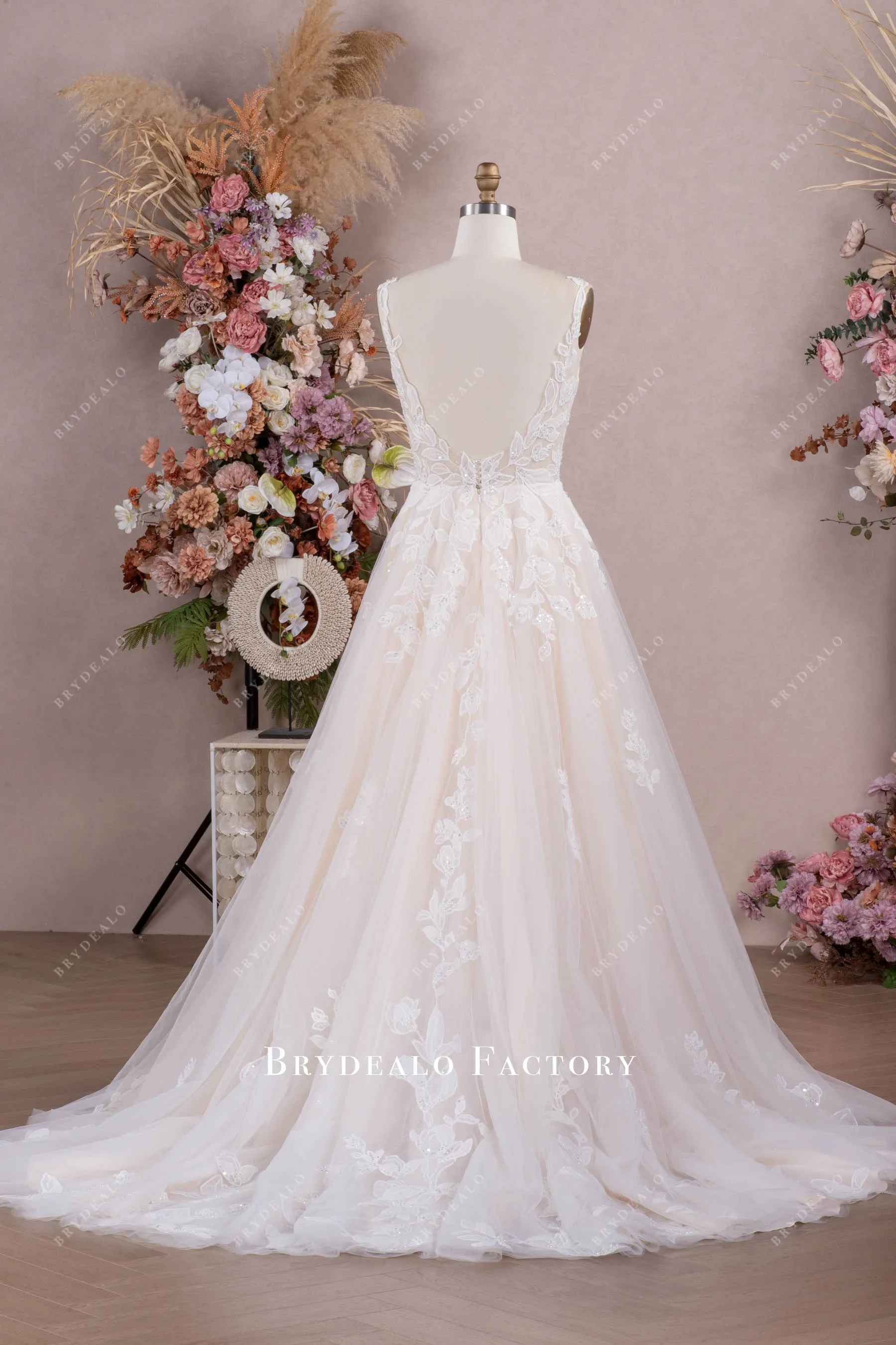 Champagne Lace Straps Shimmery Tulle Aline Wedding Gown