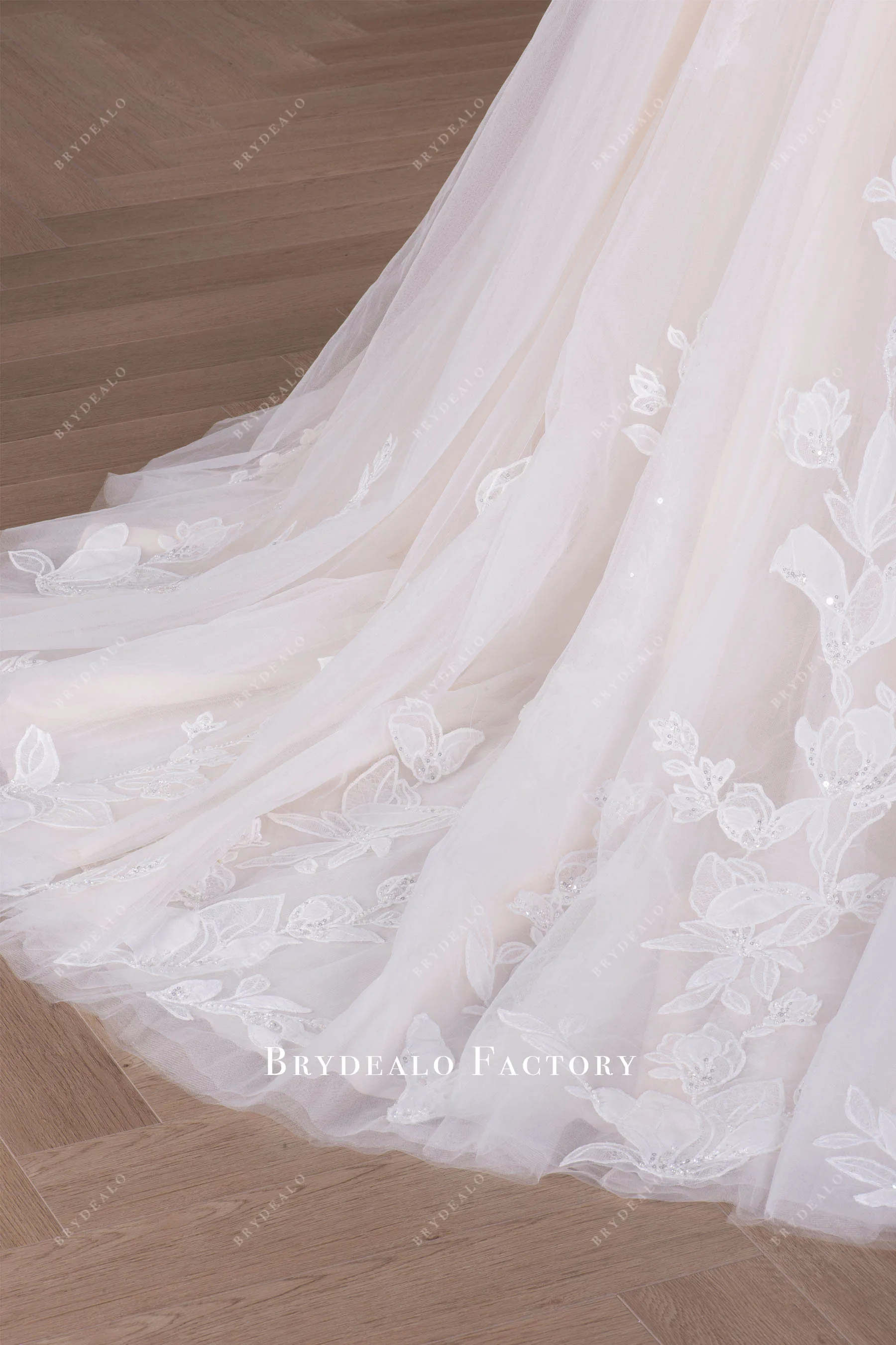 Champagne Lace Straps Shimmery Tulle Aline Wedding Gown