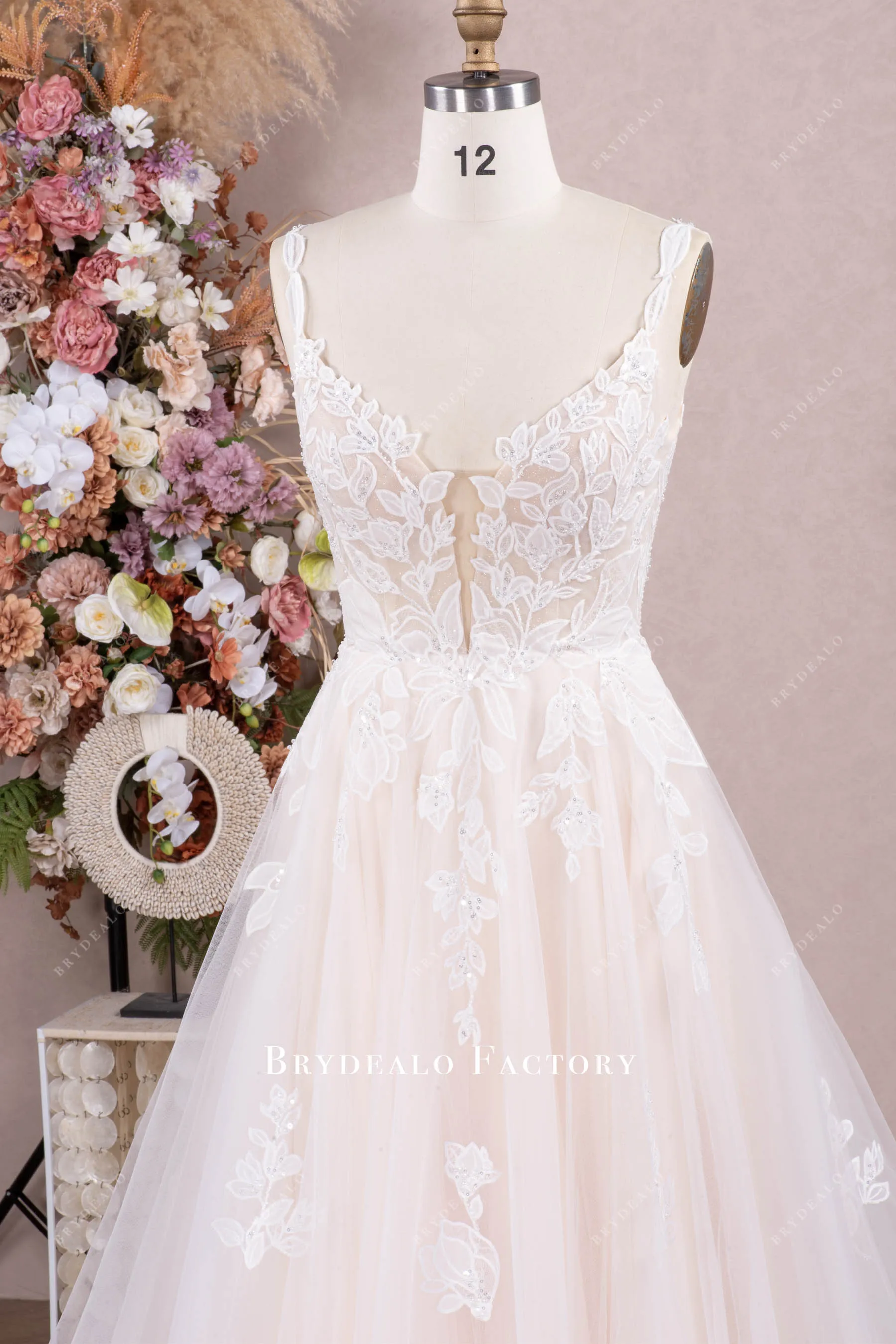 Champagne Lace Straps Shimmery Tulle Aline Wedding Gown