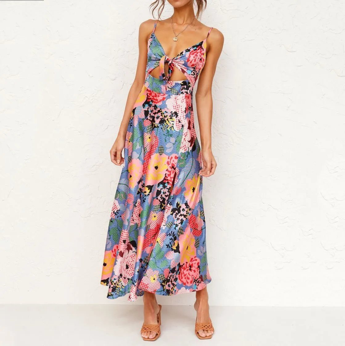 Contrasting color personalized print suspender dress long skirt